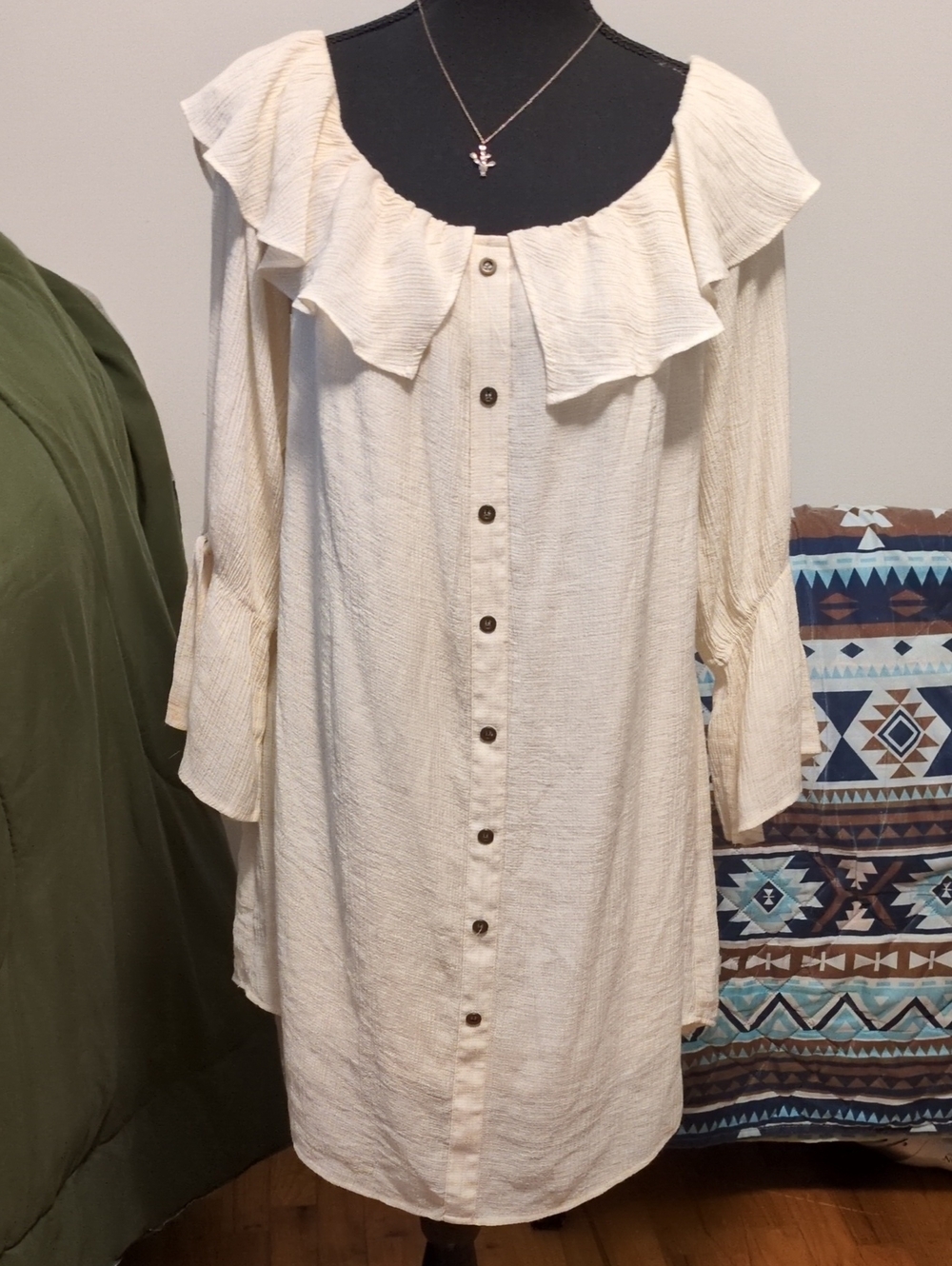Cream Ruffle-Trim Button-Front Tunic Top